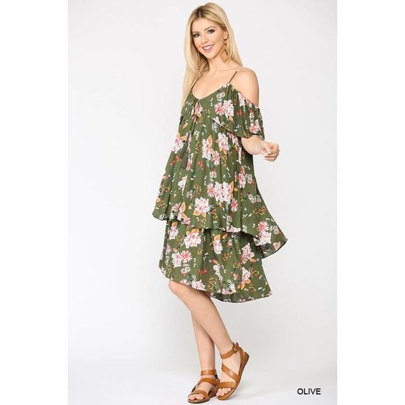Olive Cold Shoulder Layered Dress - Picture 2 of 4